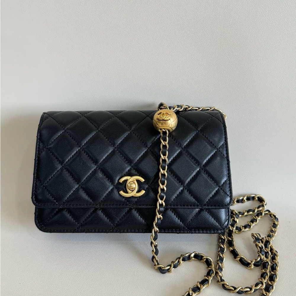 CHANEL Black Quilted Lambskin Crossbody with Gold Chain and CC Charm